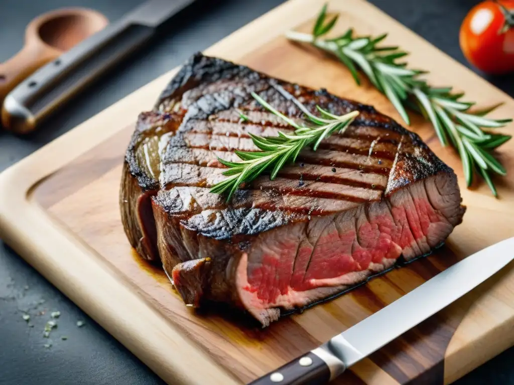 Una suculenta carne madurada con un intenso sabor gourmet, rodeada de hierbas frescas, sobre tabla de madera