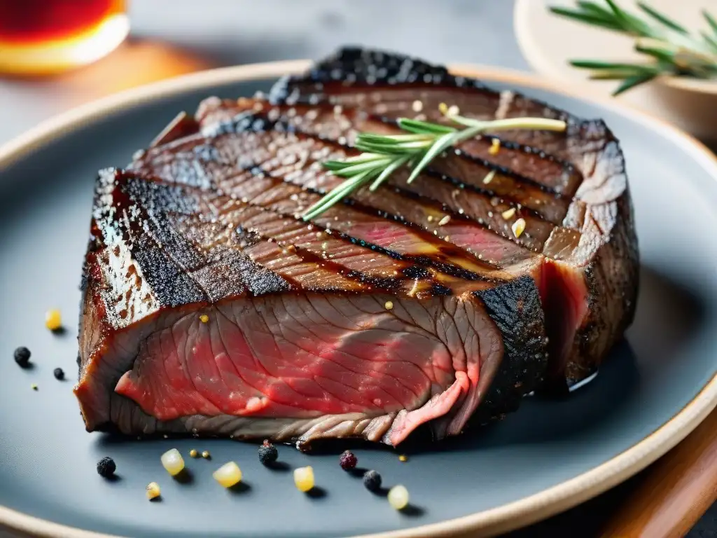 Una suculenta carne seca gourmet, expertamente cocida a la parrilla, con sal, pimienta y romero fresco