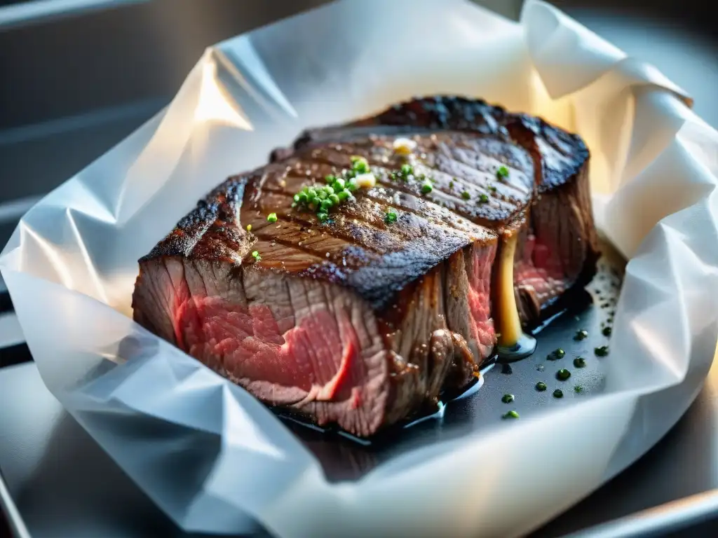 Una suculenta carne al vacío cocida a la perfección en baño de agua, con burbujas y tecnología sous vide en una elegante cocina