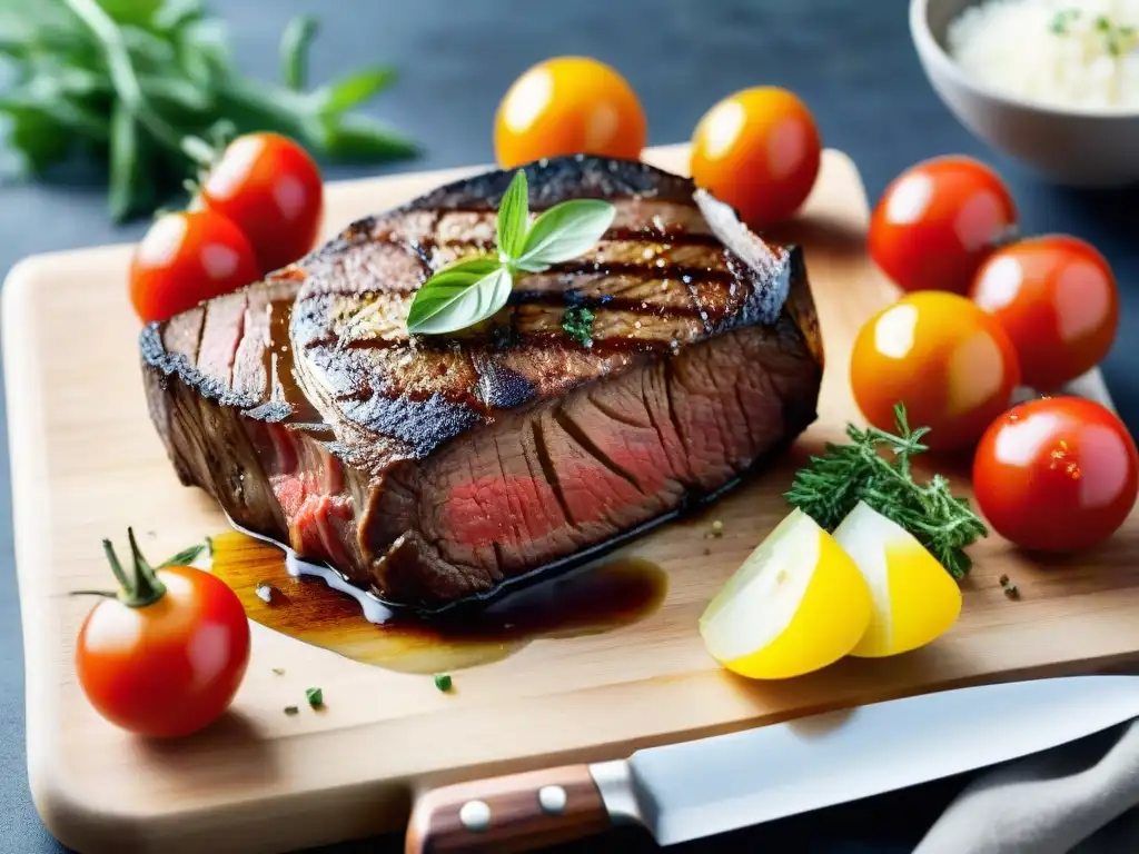 Una suculenta y perfectamente cocida carne en una tabla de madera, con hierbas frescas y tomates coloridos