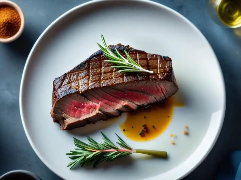 Una suculenta y detallada imagen de un filete cocido al sous vide, mostrando la precisión del control de temperatura y la jugosidad de la carne