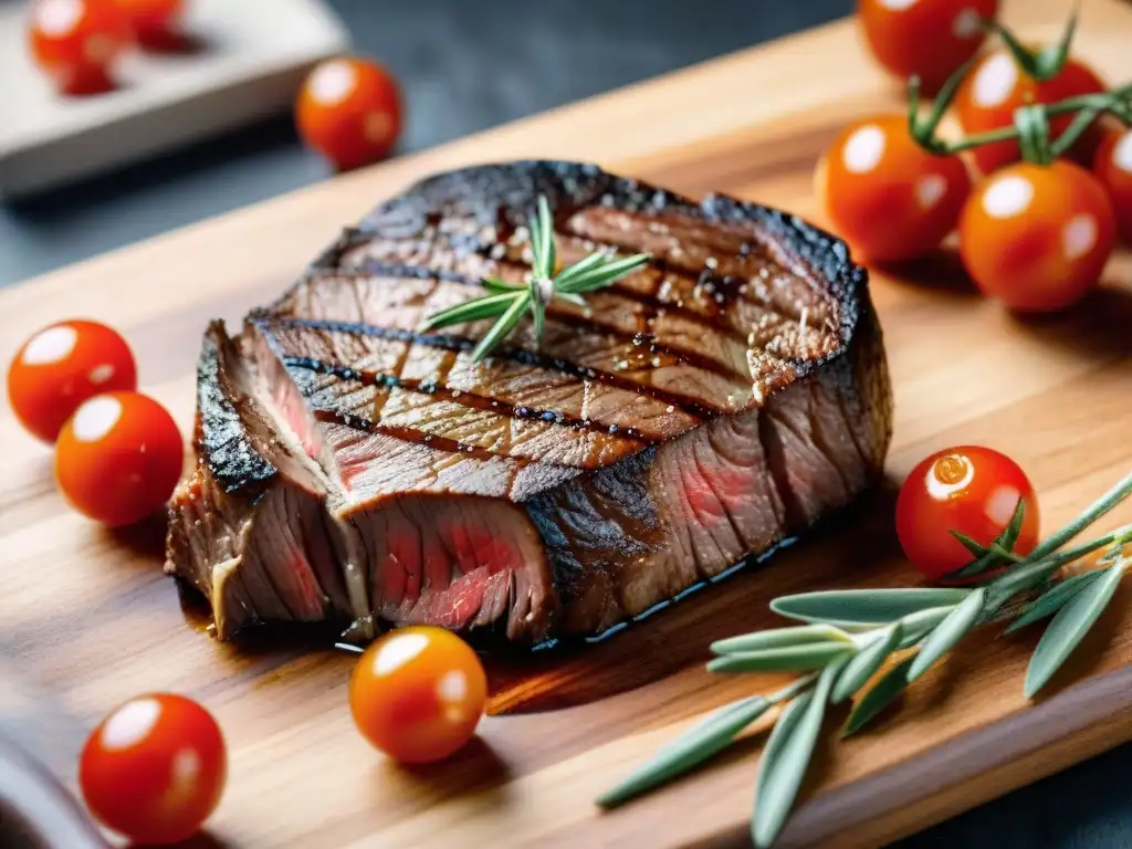 Suculento filete perfectamente cocinado en tabla de madera con hierbas y tomates cherry