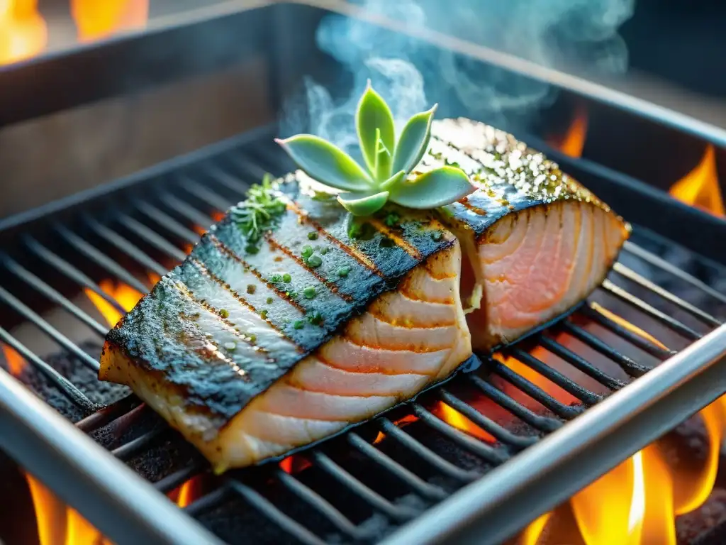 Un suculento filete de corvina sazonado con hierbas frescas y limón, sizzling en la parrilla con humo delicado