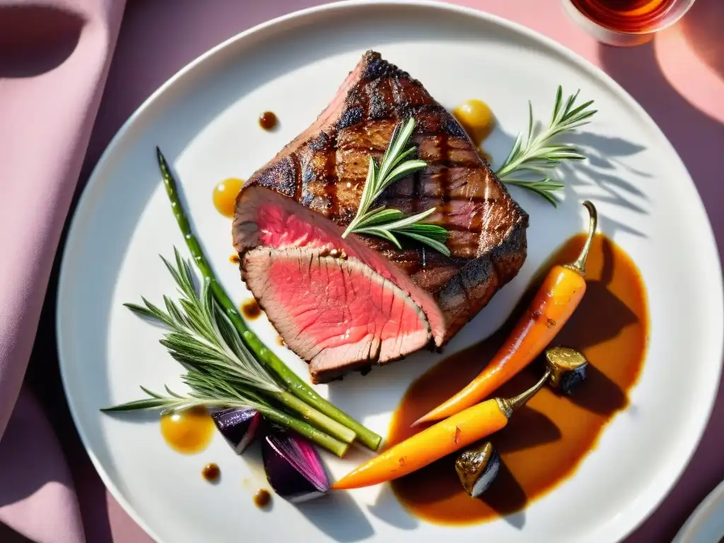 Un suculento filete a término medio con mantequilla de hierbas, rodeado de vegetales asados y salsa, en un elegante plato blanco