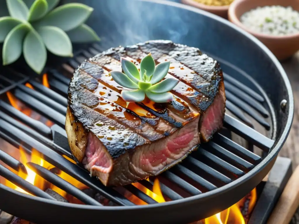 Un suculento filete de Ternera Gallega Denominación Origen en la parrilla, jugoso y con marcas de grill, en un entorno campestre gallego