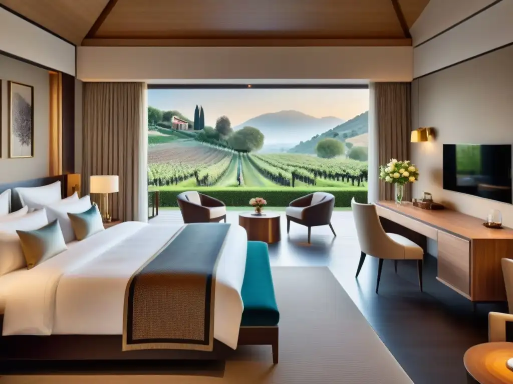 Suite de hotel de lujo con decoración elegante, cama king-size, escritorio de madera y balcón con vista a un huerto de trufas