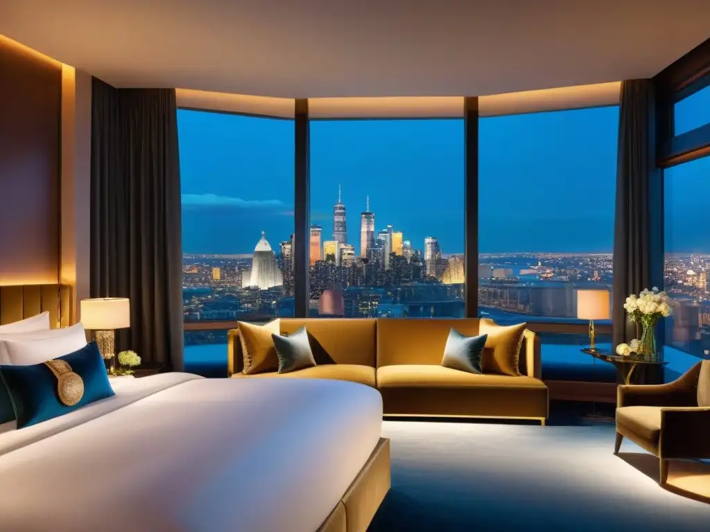 Suite de hotel de lujo con vista panorámica a la ciudad de noche, cama king size, diseño moderno con detalles dorados y cena gourmet