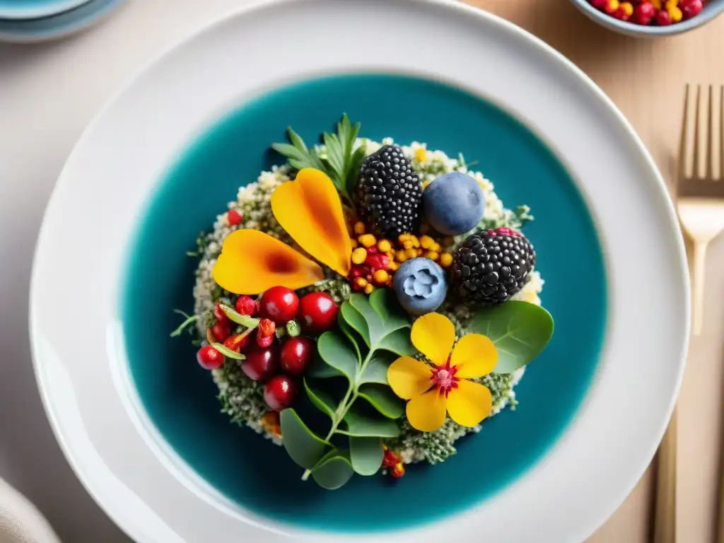 Exquisita composición gourmet con superalimentos vibrantes Suntuoso plato gourmet con superalimentos revoluciona la alta cocina