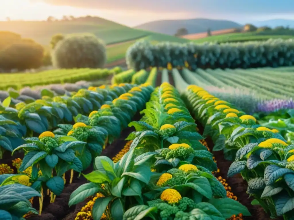 Un jardín superalimentos exuberante con quinoa, aguacates, arándanos y kale