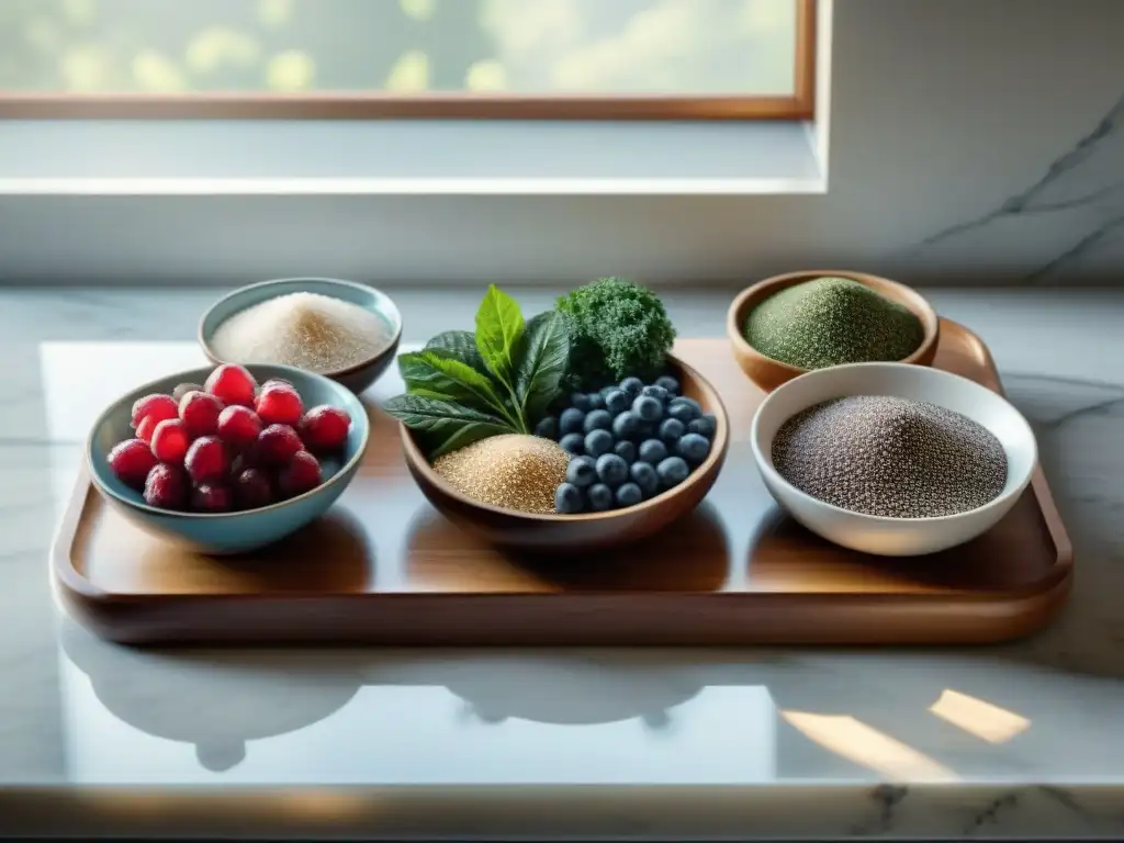 Exquisita variedad de superalimentos en encimera de lujo Superfoods gourmet revolucionan cocina alta con acai, quinoa, kale, arándanos, chía y granadas en elegante encimera de mármol