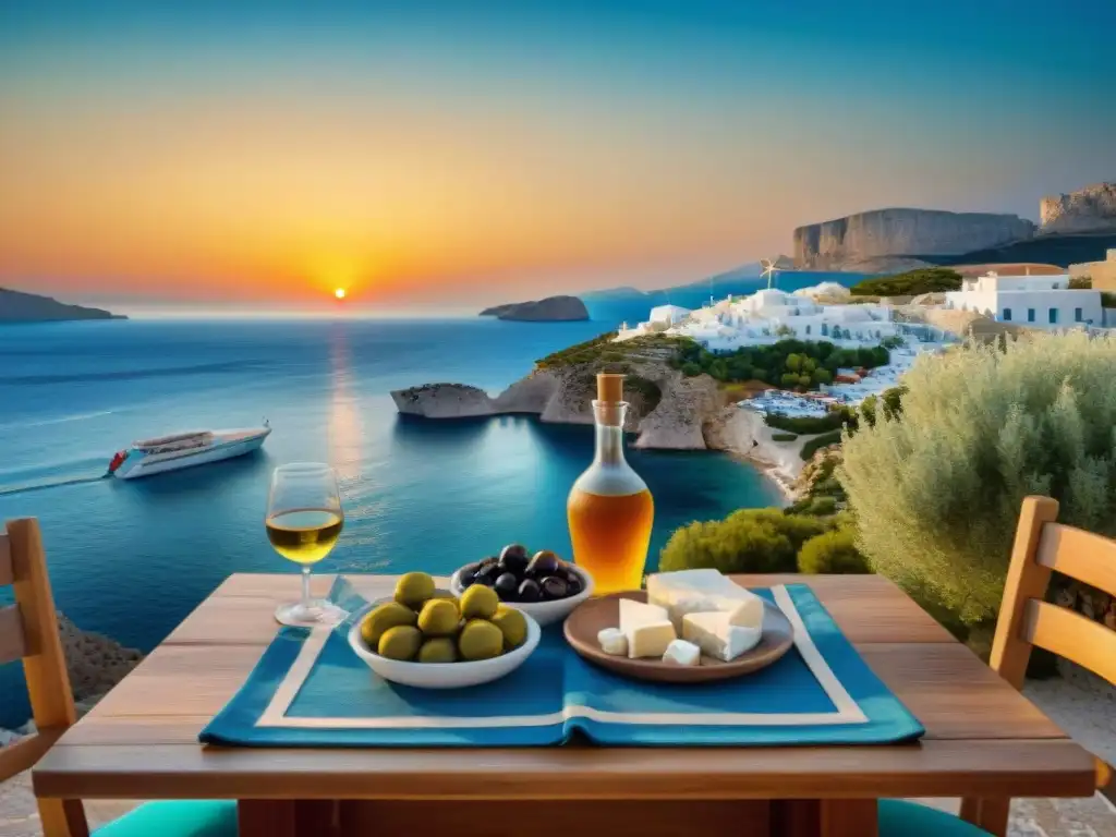 Una taberna griega tradicional con sabores tradicionales de Grecia en una puesta de sol sobre el mar Egeo