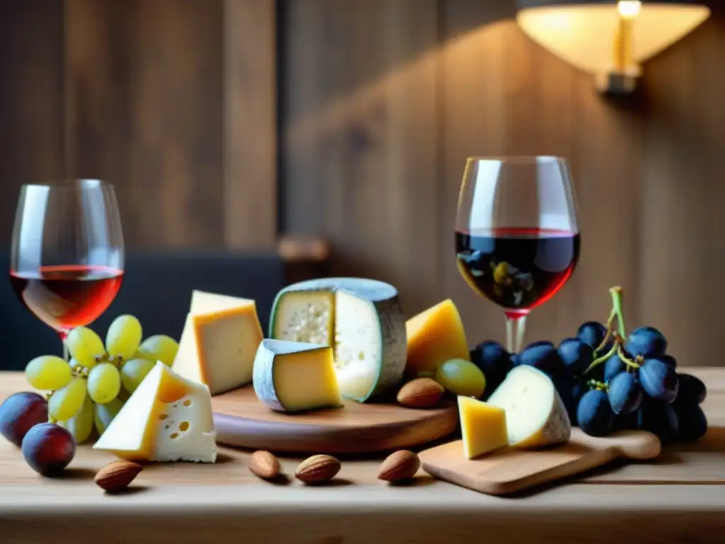 Una tabla de cata de quesos y vinos elegante, con variedad de quesos y copas de vino
