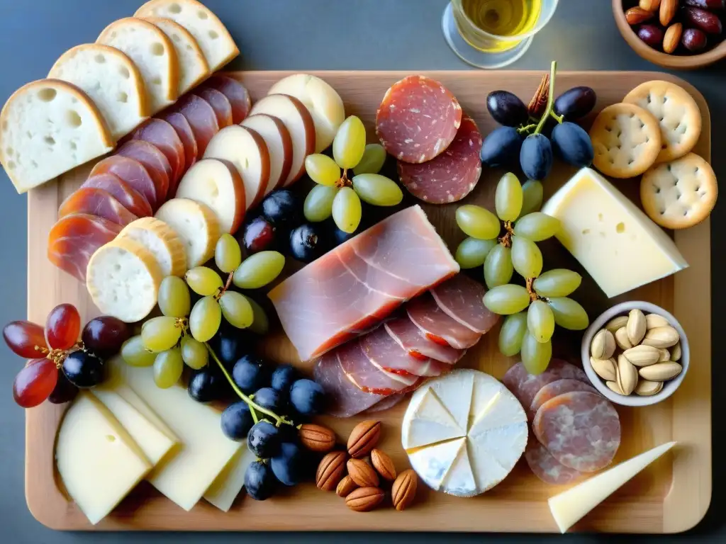 Una tabla de charcutería perfecta, con una exquisita variedad de embutidos, quesos y frutas, ideal para consejos chefs