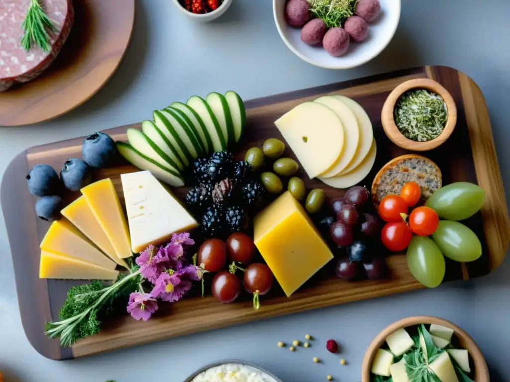 Una tabla de charcutería vegana con alternativas innovadoras: salami, queso, paté y vegetales, adornada con hierbas frescas y frutas coloridas