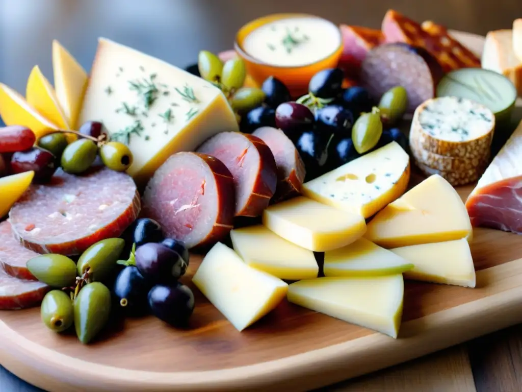 Una tabla de embutidos y quesos exquisitamente dispuesta con una variedad de sabores y texturas, destacando los tés ahumados y carnes curadas