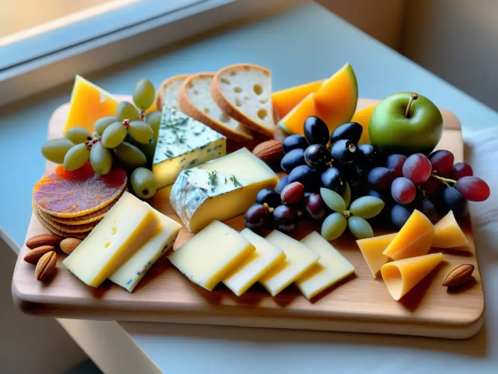 Exquisita tabla de embutidos y quesos: detallada y tentadora Una tabla de embutidos y quesos exquisitamente presentada en una mesa de madera rústica con luz natural