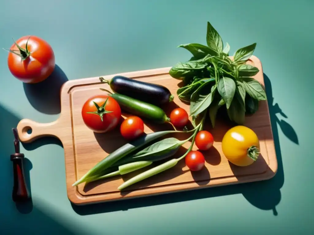 Tabla de madera con ingredientes frescos para aderezos balsámicos Una tabla de cortar de madera con ingredientes frescos para recetas originales de aderezos de vinagre balsámico