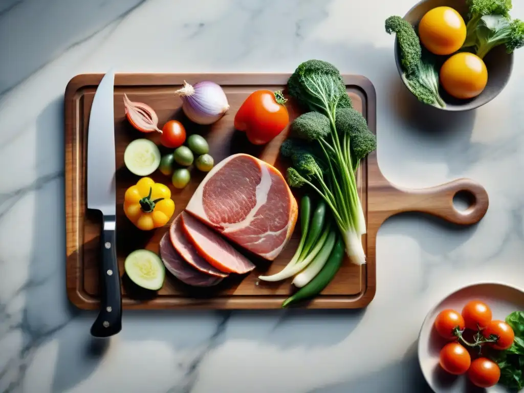 Una tabla de cortar de madera personalizada rodeada de alimentos frescos en una encimera de mármol