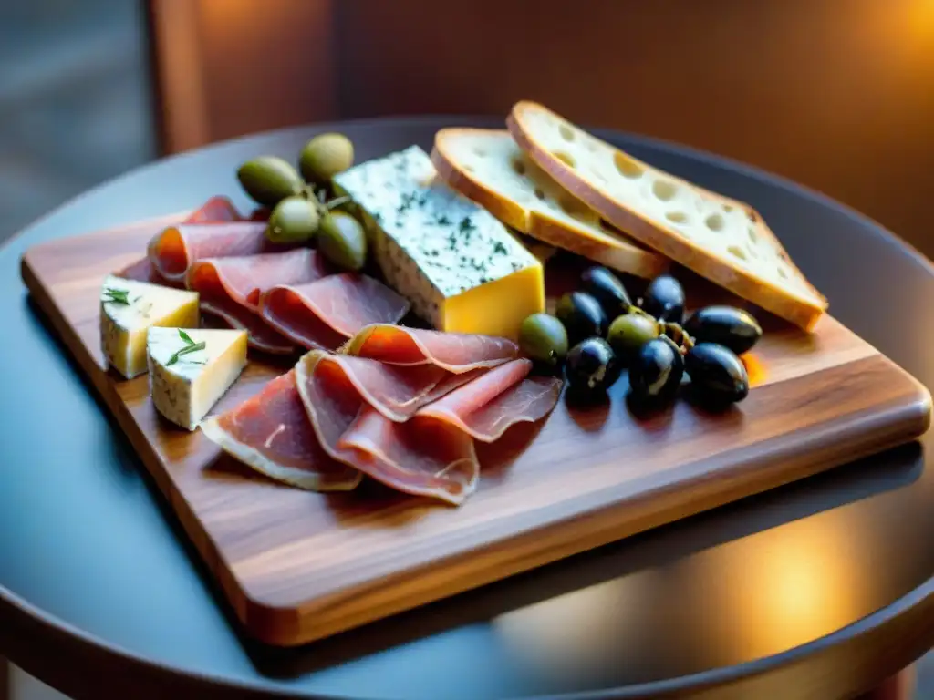 Una tabla de madera rústica elegante con una selección de carnes secas gourmet, quesos y aceitunas, iluminada cálidamente