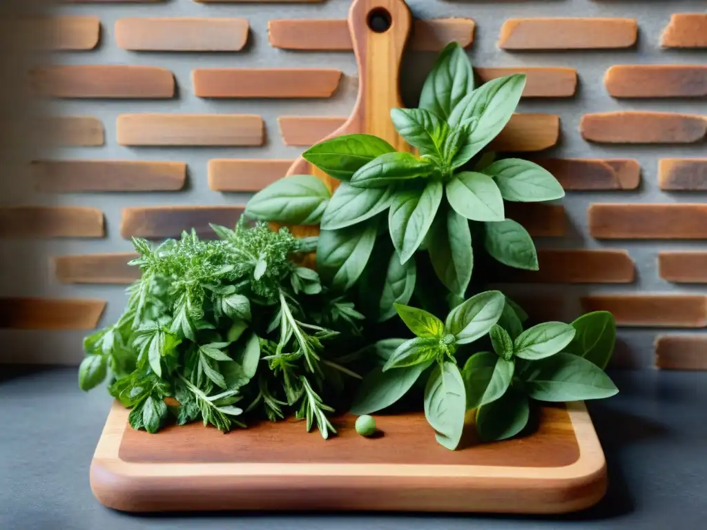 Tabla de cortar de madera rústica con hierbas frescas y agua brillante, en cocina acogedora