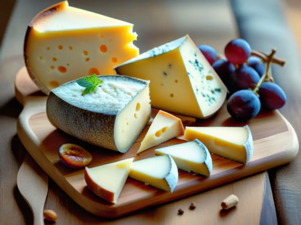 Tabla de quesos europeos: deleite visual y gustativo Una tabla de queso rústica con variedad de quesos de oveja europeos delicados, acompañados de uvas, higos y panal de miel, iluminados por luz natural