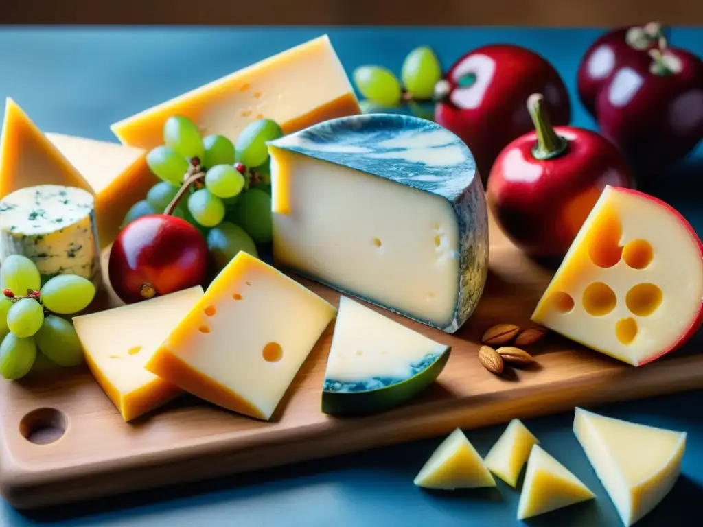 Una tabla de quesos americanos sabores intensos con cheddar, gouda, blue cheese y pepper jack, acompañados de frutas, nueces y galletas artesanales