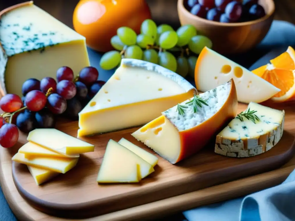 Una tabla de quesos americanos con sabores intensos: cheddar, azules y más, acompañados de uvas, galletas y hierbas frescas