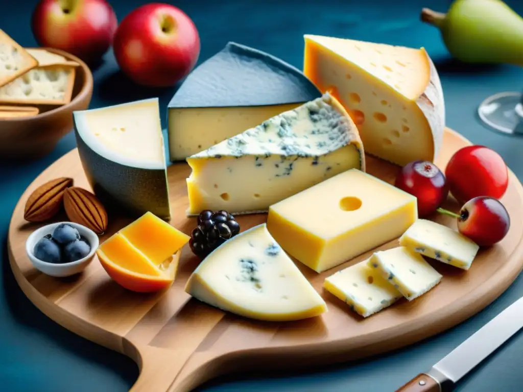 Tablero de quesos vegetarianos europeos: una delicia gourmet Una tabla de quesos europeos vegetarianos gourmet con brie, blue cheese, gouda y cheddar, acompañados de frutas y nueces