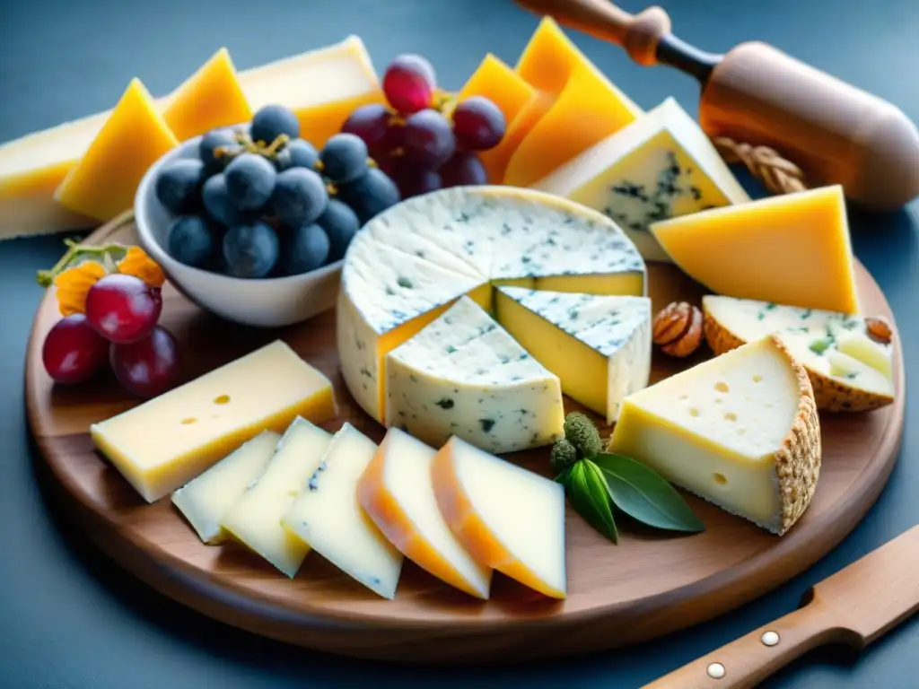 Disfruta de una tabla de quesos exclusivos Europa gourmet con Brie, cheddar, blue cheese y Gouda, acompañados de frutas frescas y miel