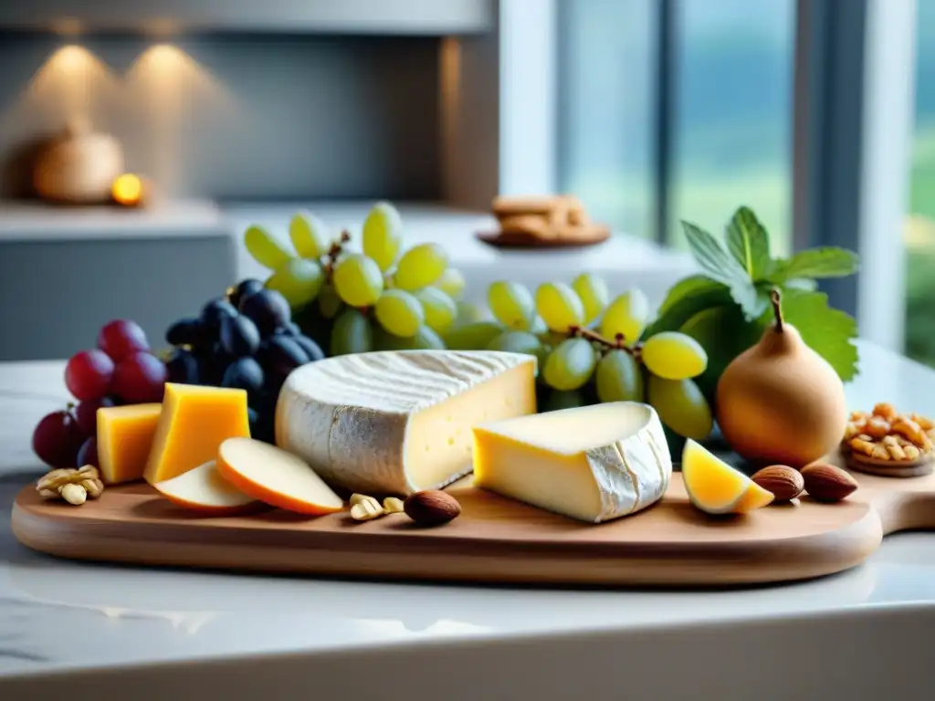 Una tabla de quesos gourmet con una selección exquisita de quesos artesanales, frutas, nueces y panes variados, en una cocina elegante