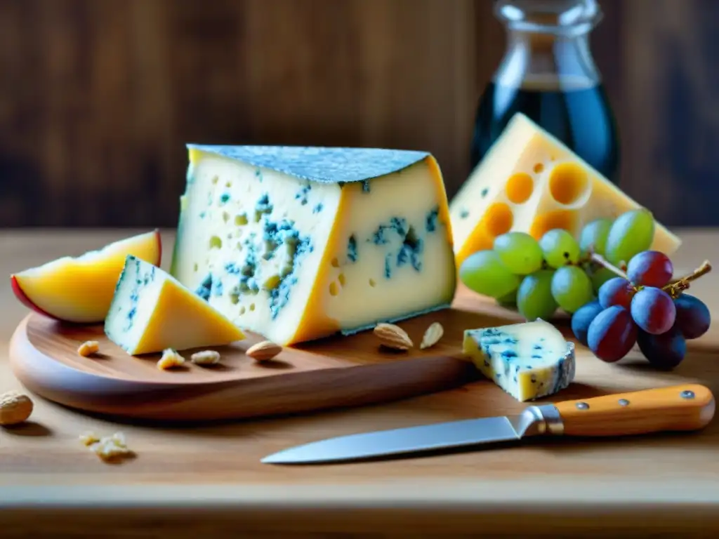 Una tabla de quesos con variedad de quesos azules, acompañados de uvas rojas y miel, ideal para un maridaje quesos azules vinos dulces