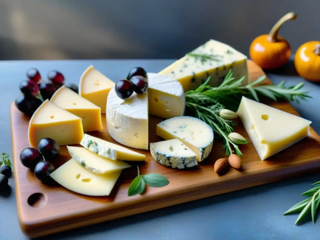 Tabla de quesos veganos gourmet caseros: brie de anacardo, feta de almendra, gouda de coco y blue cheese de macadamia con decoraciones artísticas