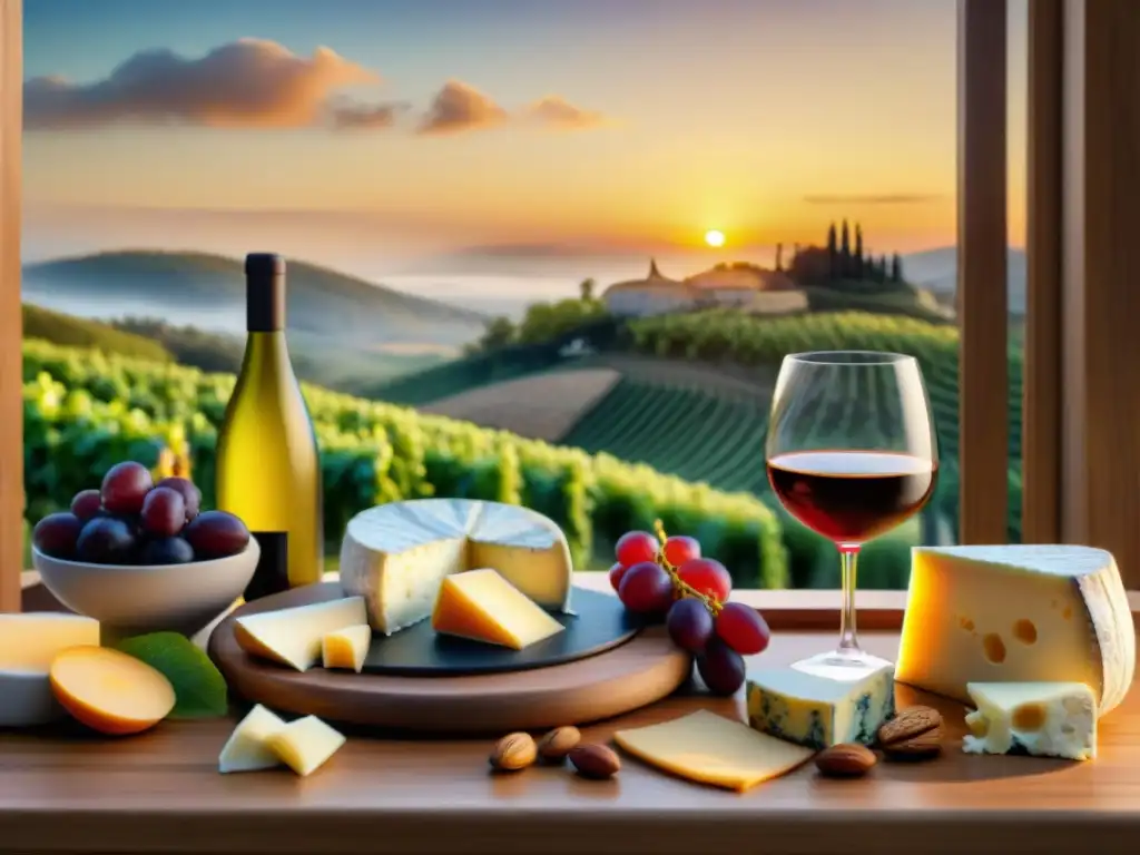 Una tabla de quesos y vinos en festividades, con queso brie, cheddar y vinos en viñedos al atardecer