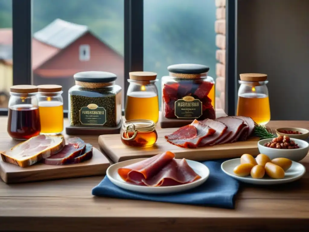 Tabla rústica con tés ahumados y carnes curadas en elegantes envases de vidrio