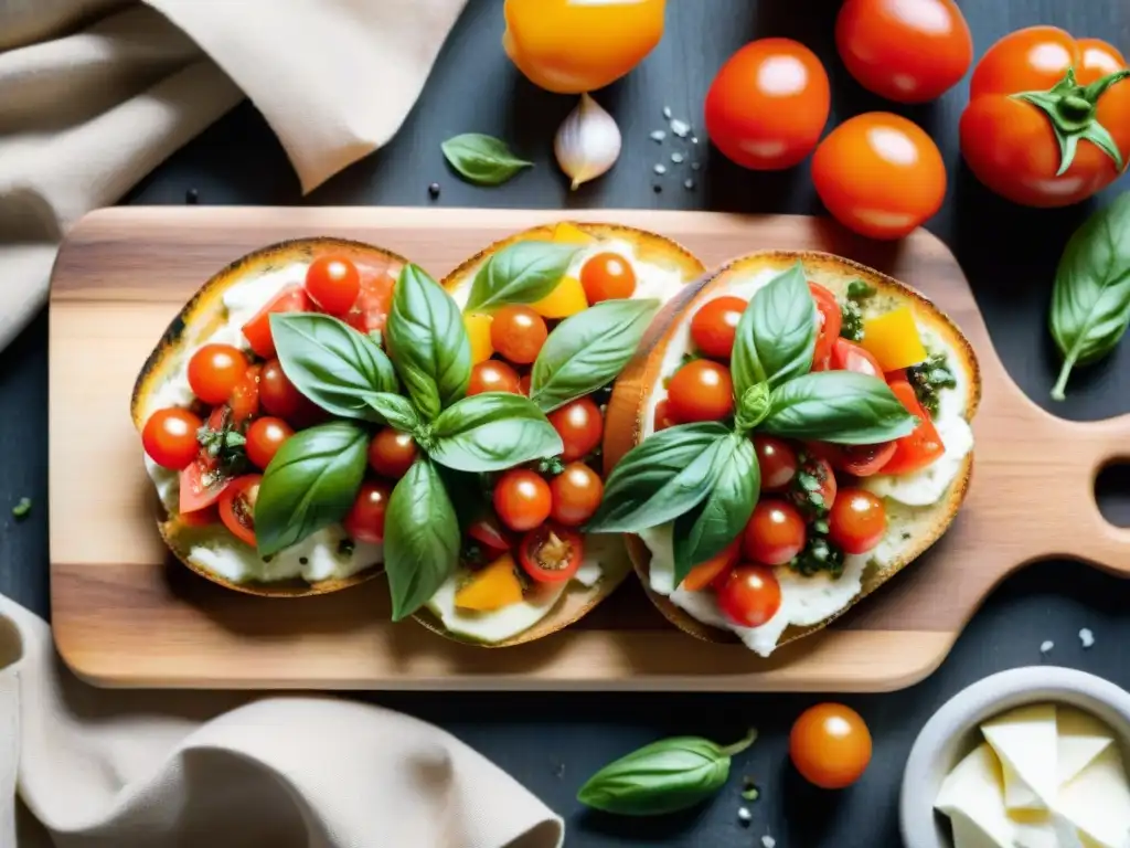 Tabla de madera rústica con bruschetta gourmet Tabla de cortar rústica con ingredientes frescos para bruschetta italiana gourmet receta fácil