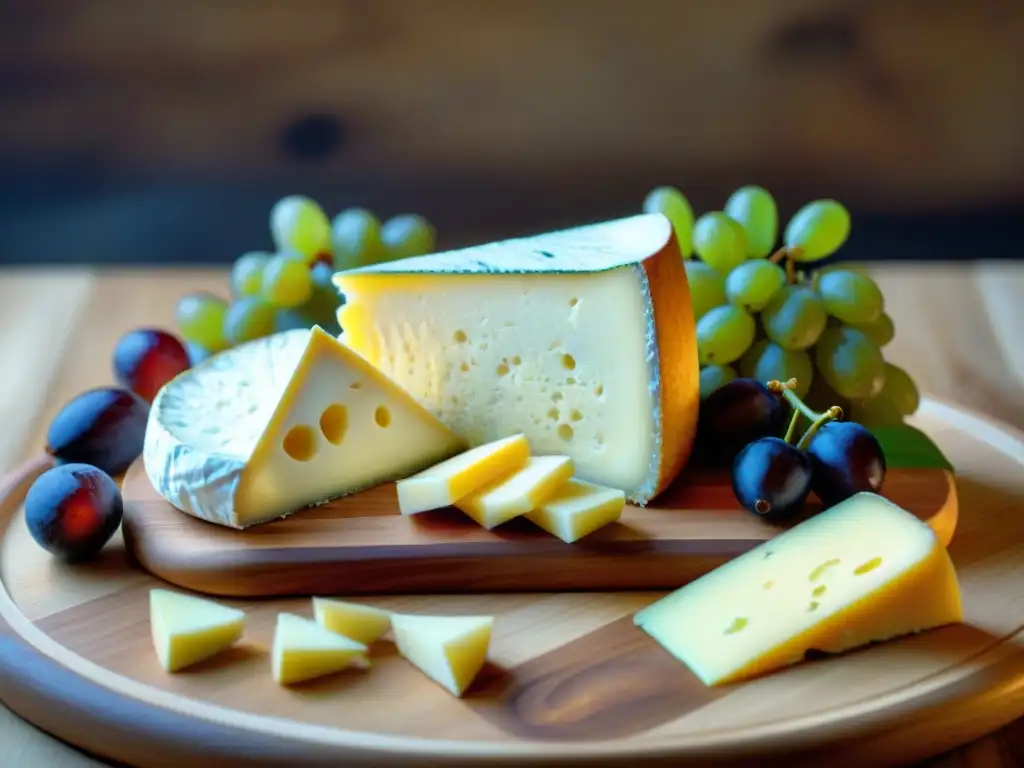 Una tabla rústica rebosante de quesos artesanales franceses gourmet, acompañados de uvas frescas y miel