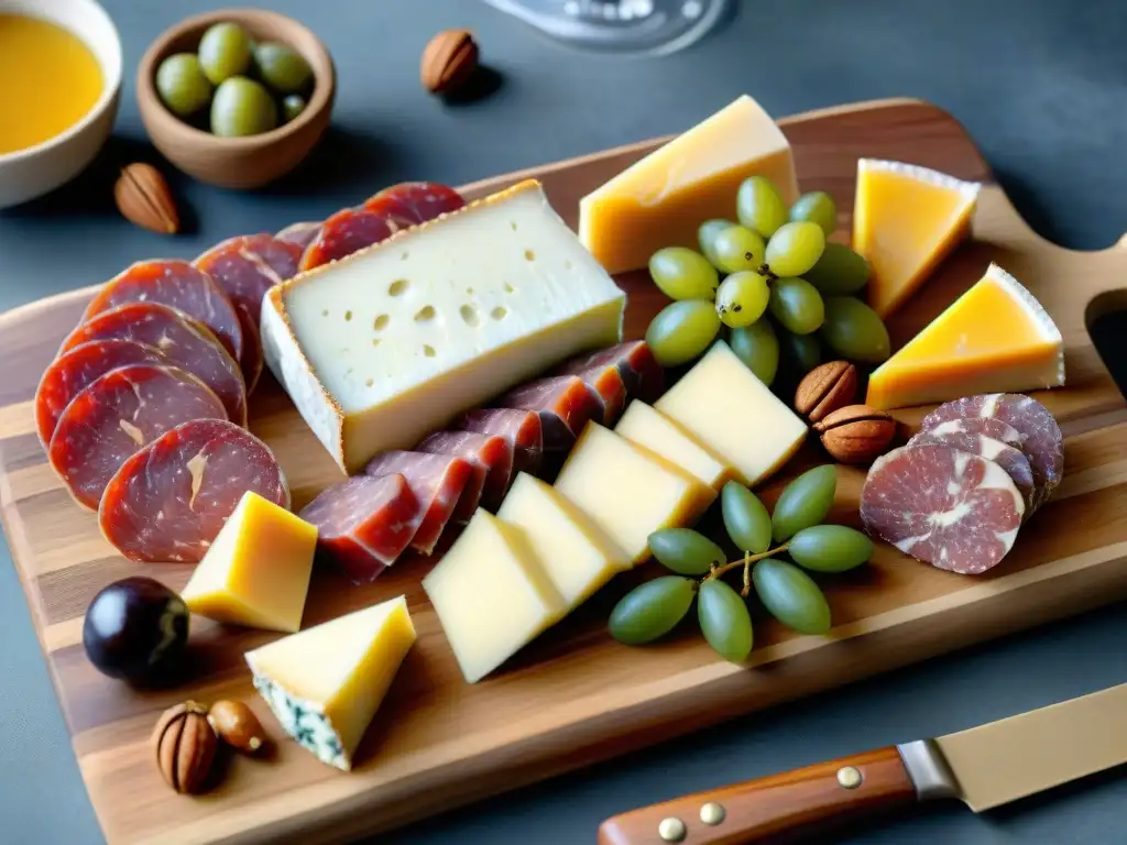 Tablero de charcutería gourmet 2024 con quesos artesanales, embutidos, frutas frescas, miel y frutos secos en tabla de madera rústica