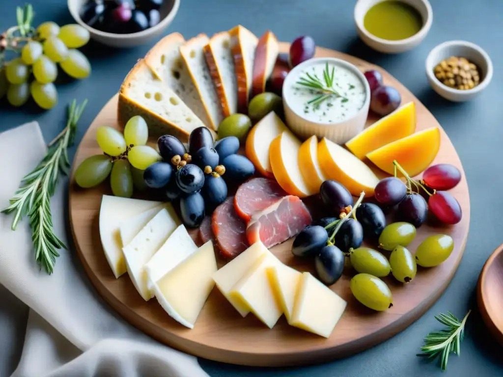 Un tablero gourmet con exquisitos manjares curados, quesos artesanales y aceitunas, presentado elegantemente en madera rústica con toques de color