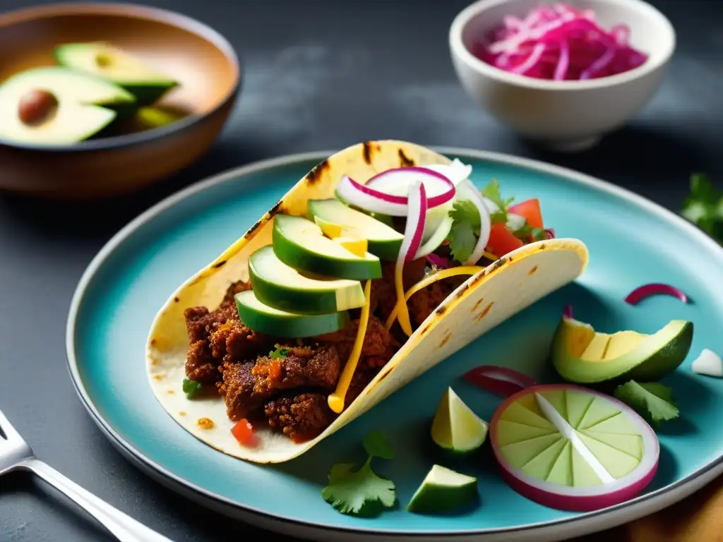 Un taco mexicano transformado en plato gourmet con ingredientes coloridos y una presentación innovadora