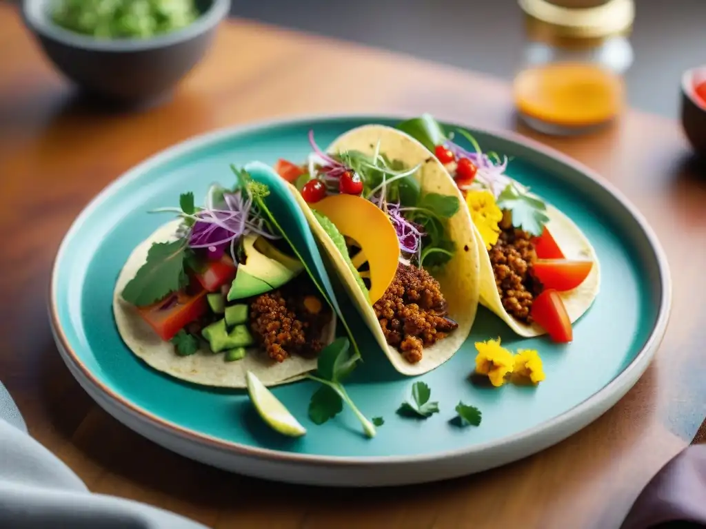 Tacos fusión gourmet en México: Detalles y colores vibrantes de un exquisito taco de autor con ingredientes frescos y creativos