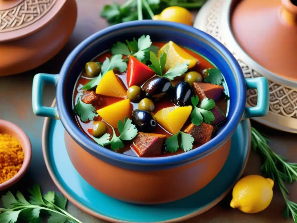 Un tagine marroquí exquisito y aromático con sabores y especias Marruecos gourmet, decorado con limones en conserva y aceitunas