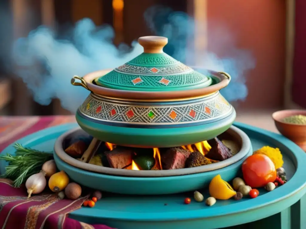 Un tagine marroquí tradicional rebosante de colores y aromas, cocinando lentamente en una cocina rústica