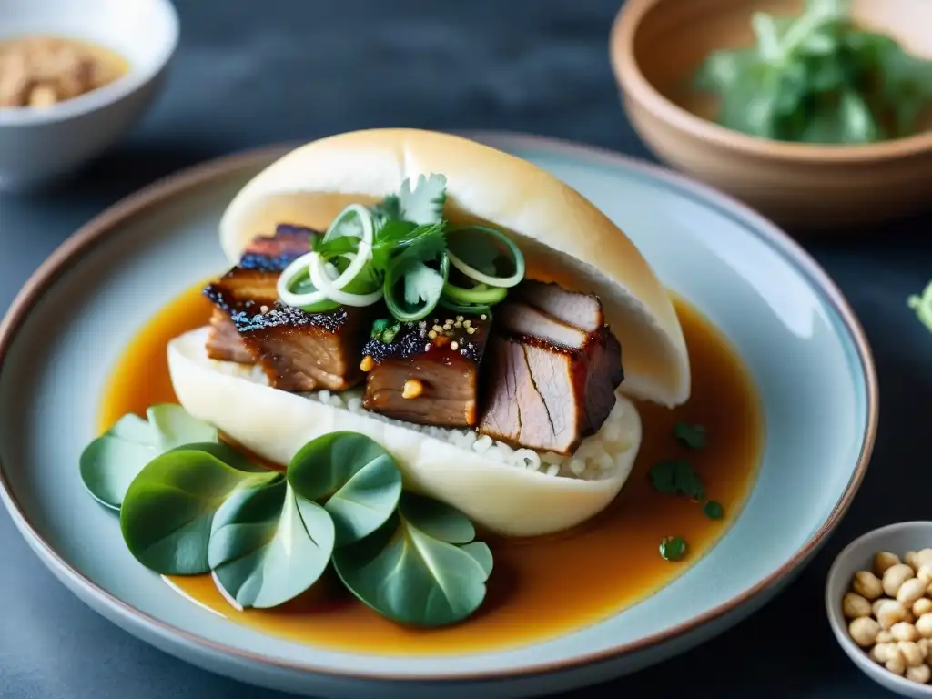 Un Gua Bao taiwanés gourmet: pan suave relleno de cerdo caramelizado, rábano y cacahuetes triturados