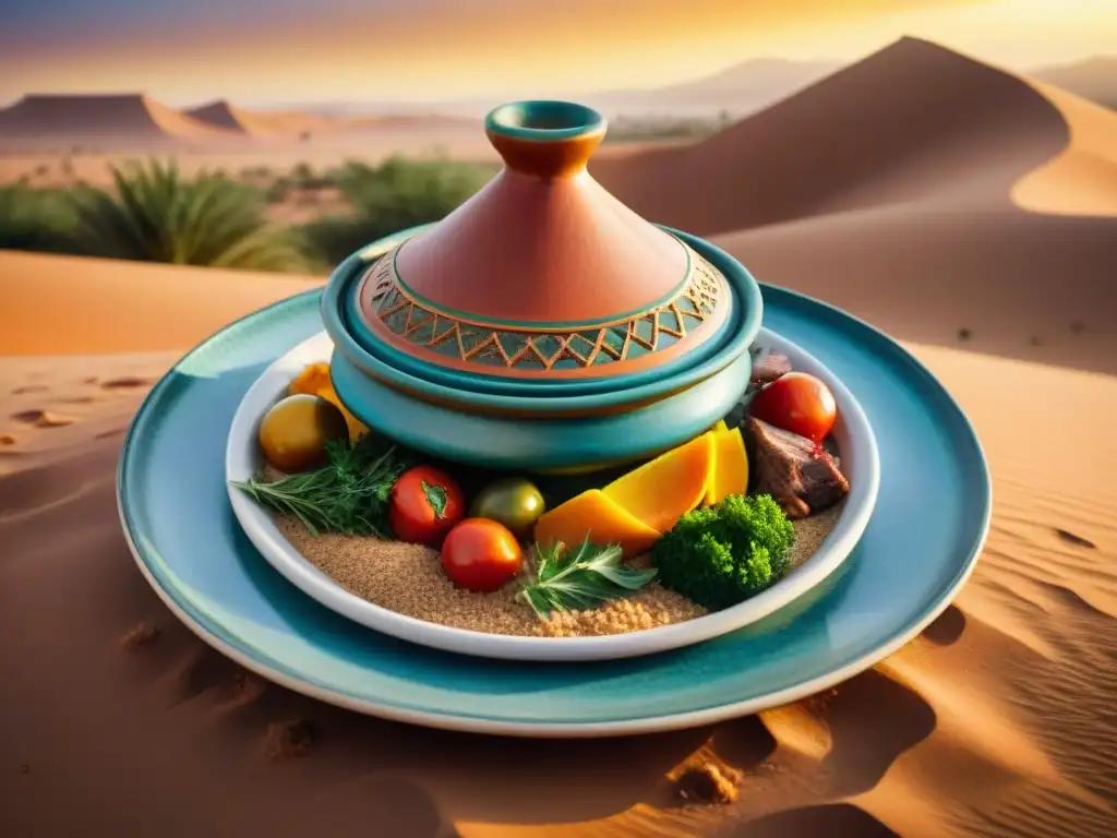 Un Tajine tradicional berber con sabores únicos en un plato marroquí, en un paisaje árido del Sahara