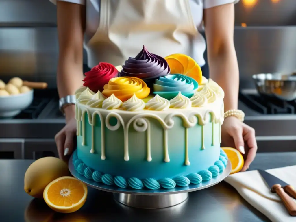 Un talentoso chef pastelero decora con precisión un elegante pastel de bodas, reflejando la esencia del arte en panadería y pastelería