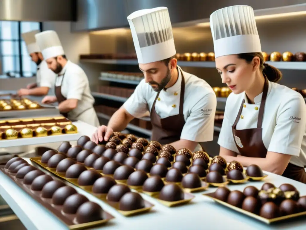 Un taller artesanal de chocolate moderno con un equipo de chocolateros creando delicadas creaciones