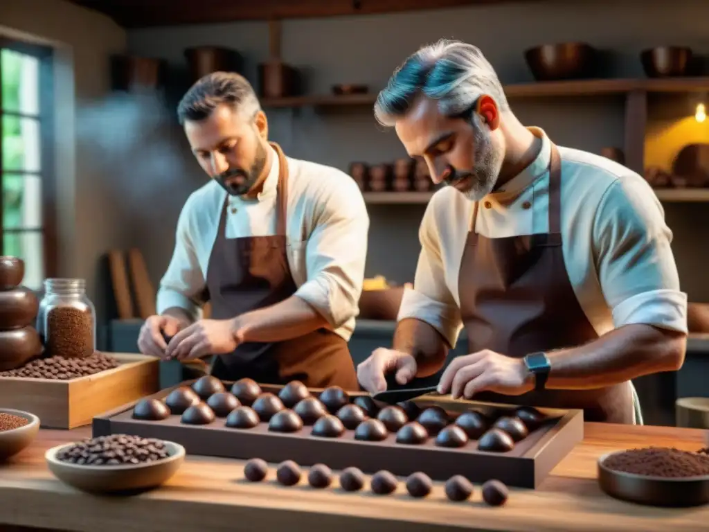 Un taller de artesanos del chocolate cacao, meticulosamente elaborando exquisitas creaciones a mano