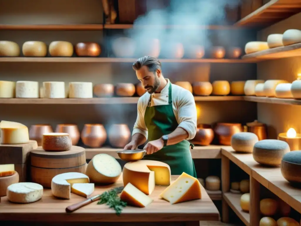 Un taller de elaboración de quesos artesanales gourmet bañado en cálida luz dorada, con un maestro quesero creando un queso