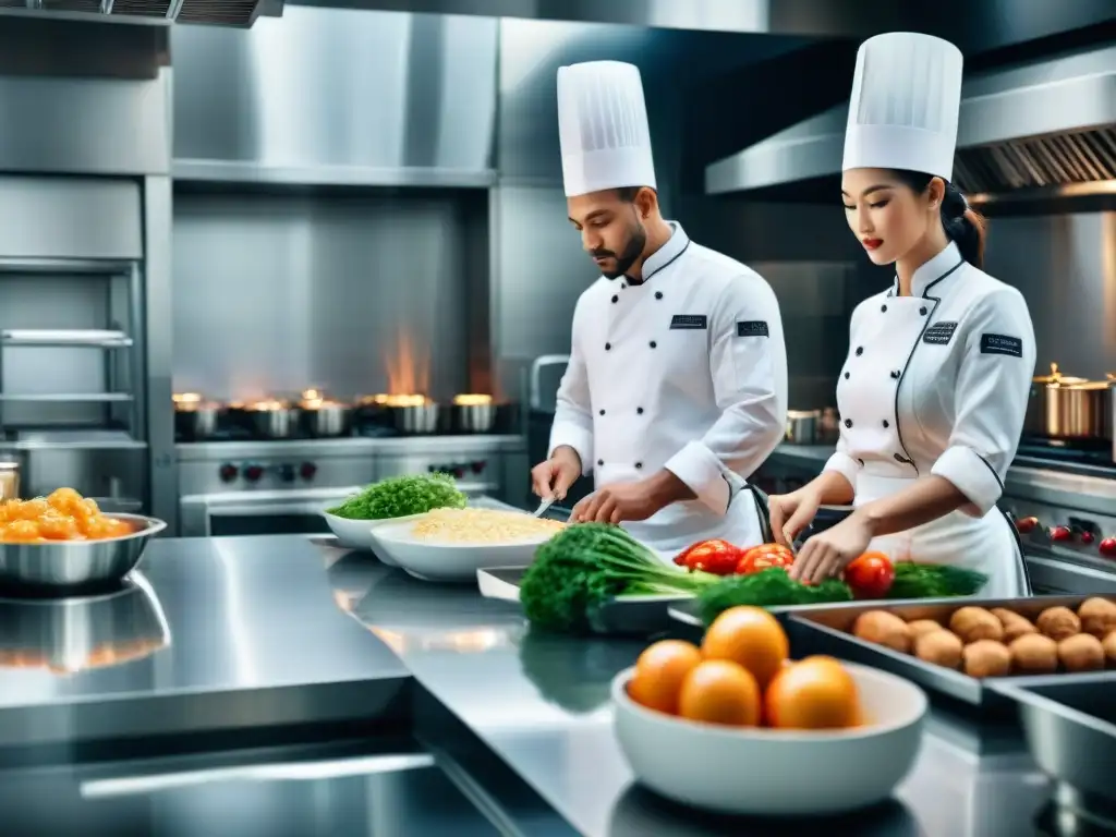 Talleres de cocina en hoteles: chefs expertos preparando exquisitos platos en una lujosa cocina de hotel