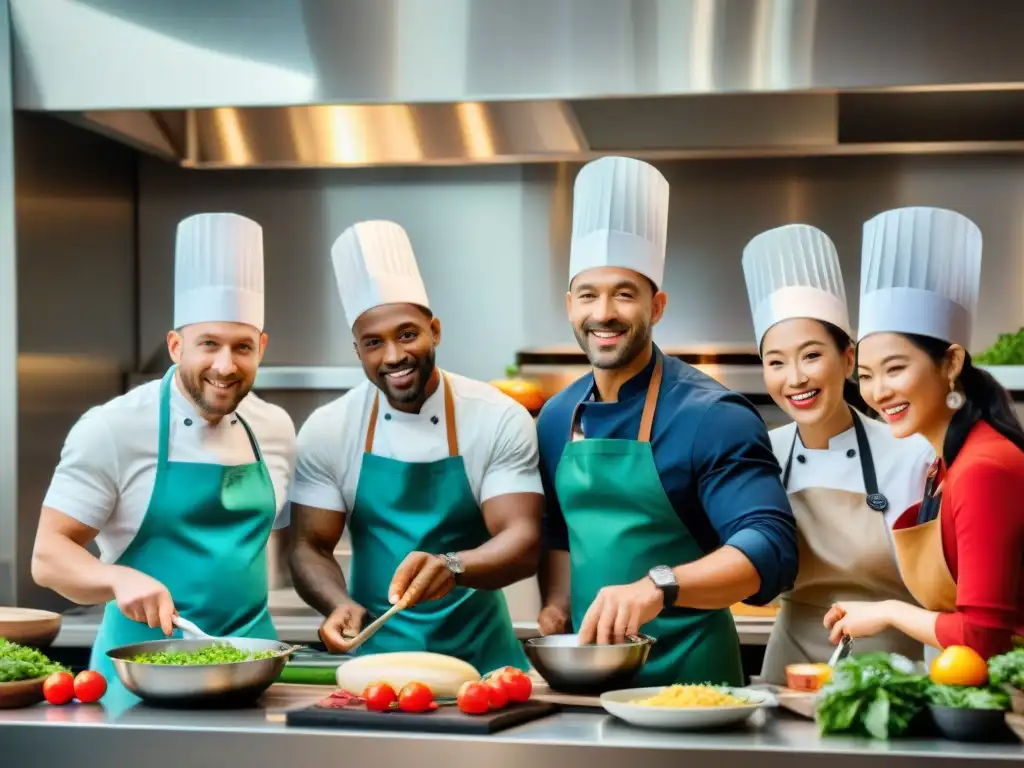 Talleres de cocina en hoteles: grupo diverso de viajeros entusiastas aprendiendo técnicas culinarias con un chef, en lujosa cocina de hotel